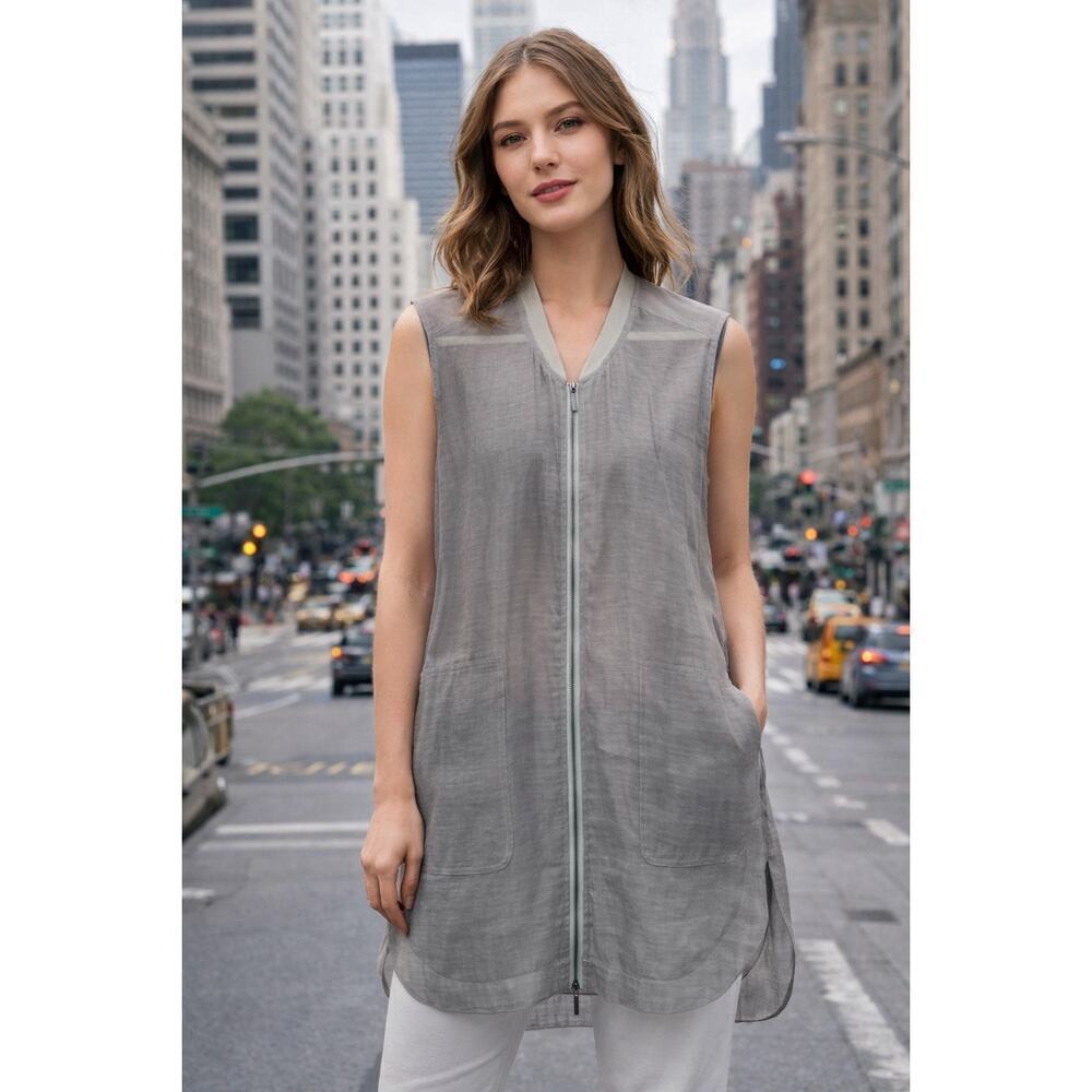 Stella Carakasi Sheer Gray Full Zip Sleeveless Tunic Silk Organic Cotton Hemp SM